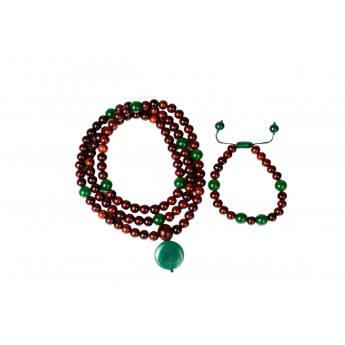 Red Sandalwood and Green Onyx Mala and Bracelet Set