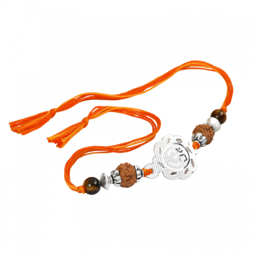 6 Mukhi Rakhi Tiger Eye beads with pure silver accessories in thread