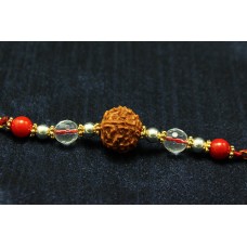 6 Mukhi Rakhi Sphatik and Coral Beads with Silver and Panchdhatu accessories