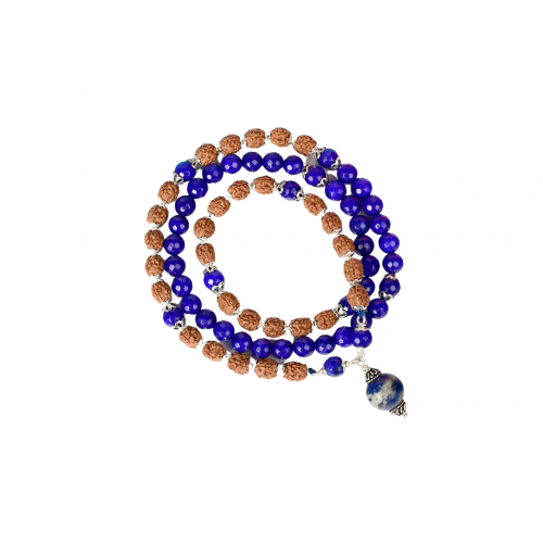 4 Mukhi Rudraksha and Blue Jade Faceted Mala and Bracelet Set