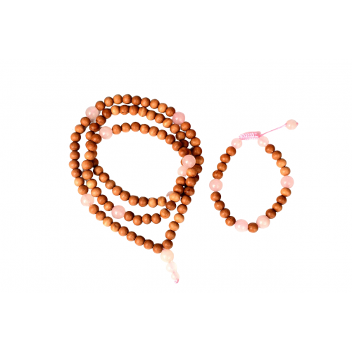 White Sandalwood and Rose Quartz Mala and Bracelet Set