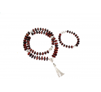 Red Tiger Eye Button Shape Silver Mala Bracelet Set