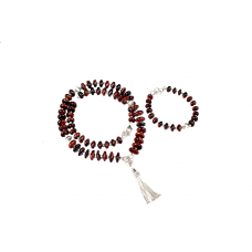 Red Tiger Eye Button Shape Silver Mala Bracelet Set