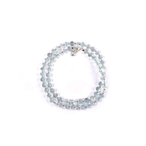 Aquamarine Button Shape Mala with Silver Balls Faceted Beads