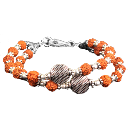 Rudraksha Bracelet with Two Turns in Strong Thread with Silver Beads and Spacers